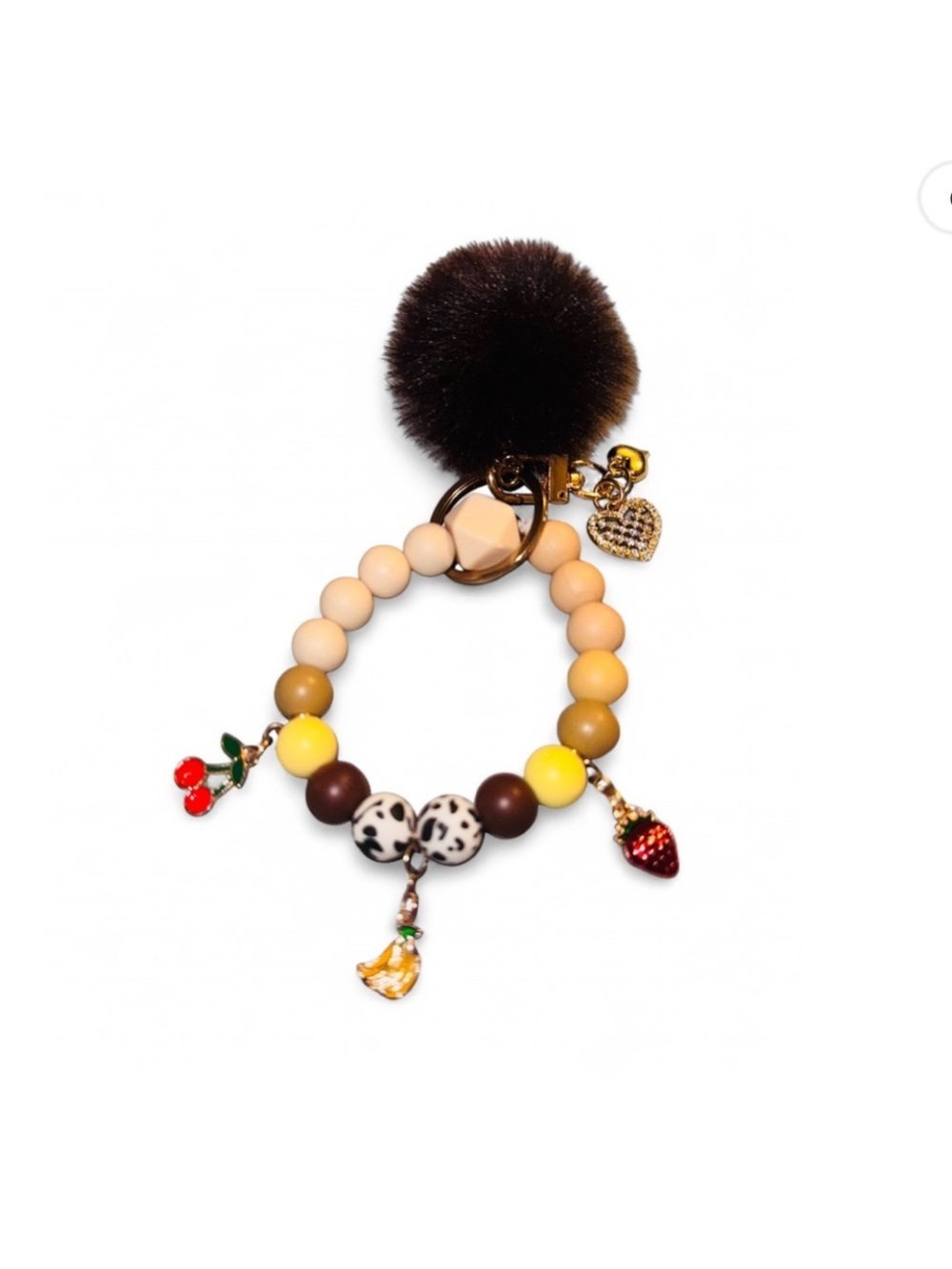 Beaded Pom Pom Charm Keyring - Yellow & Brown